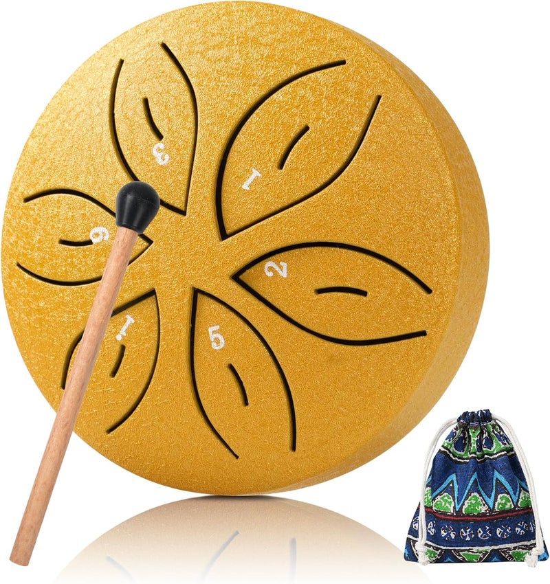 LTAXAF Rain Drum for Outside,Steel Tongue Drum 6 Notes 3 Inch with Bag, Music Book, Drum Mallets, Musical Education Entertainment Meditation Yoga Zen for Christmas Gift(Golden) - Image 1